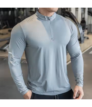 Hot Breathable Quick Dry Casual Sports Long Sleeve T Shirt mens Mock Neck Blank Solid Half Zip Gym Fitness men's Long Sleeve Top