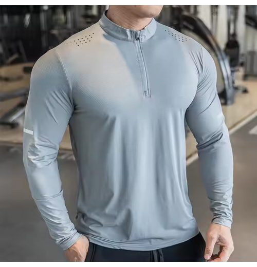 Hot Breathable Quick Dry Casual Sports Long Sleeve T Shirt mens Mock Neck Blank Solid Half Zip Gym Fitness men's Long Sleeve Top