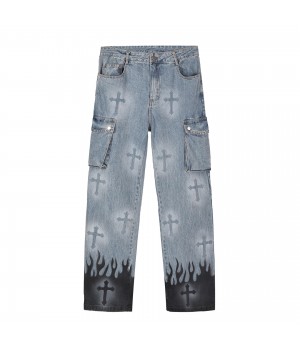 Distressed Fashion Cross Pattern Men's Jeans Men Straight Pigment Printing Pants Mens Side Pocket Jeans Trousers