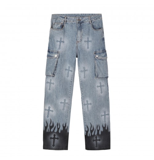 Distressed Fashion Cross Pattern Men's Jeans Men Straight Pigment Printing Pants Mens Side Pocket Jeans Trousers