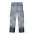 Distressed Fashion Cross Pattern Men's Jeans Men Straight Pigment Printing Pants Mens Side Pocket Jeans Trousers