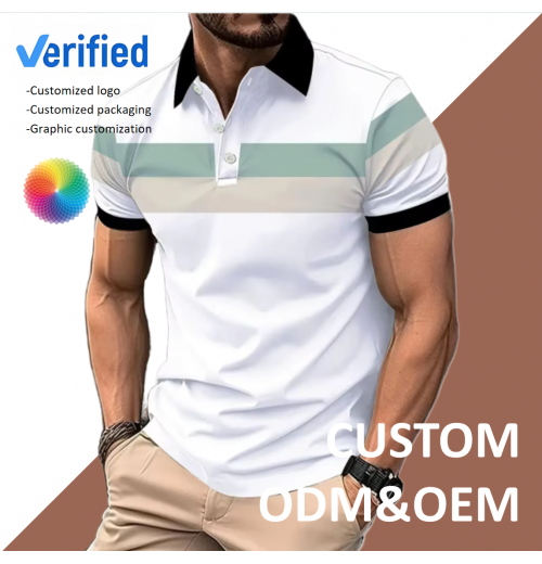 Men's Short-Sleeved Lapel Color Matching Print Pattern Fashionable For Outdoor Sports Polo Shirt